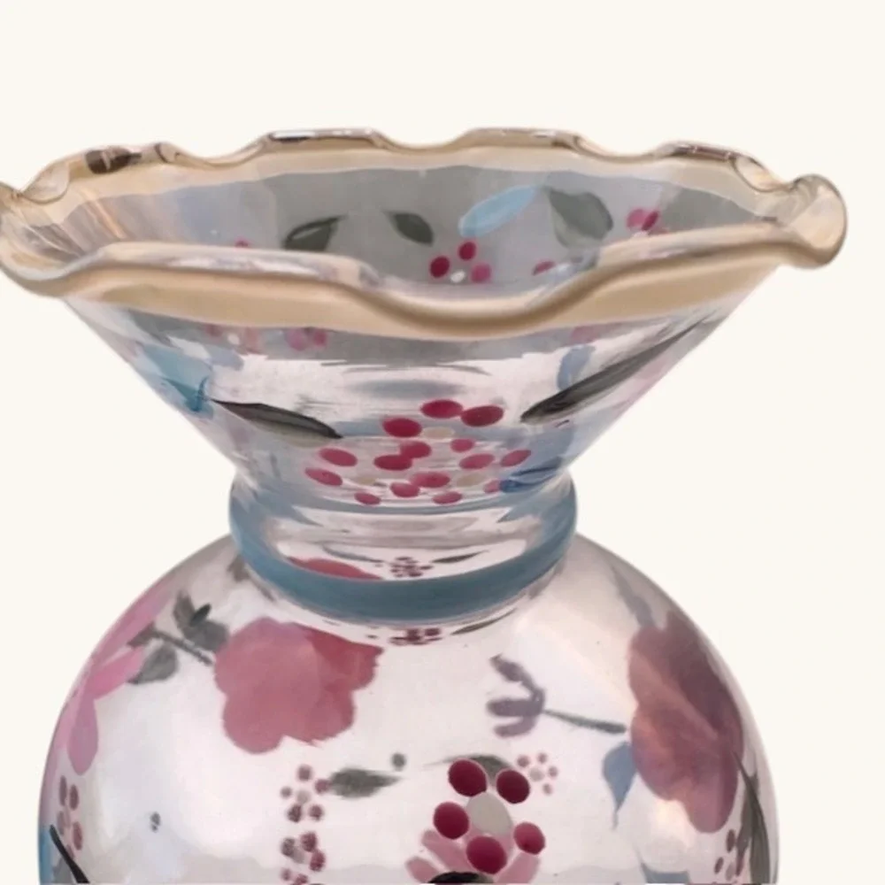 Pfaltzgraff Hand‎ Painted Floral Glass Vase Pink Rose Ruffled Rim Pedestal 7.5in